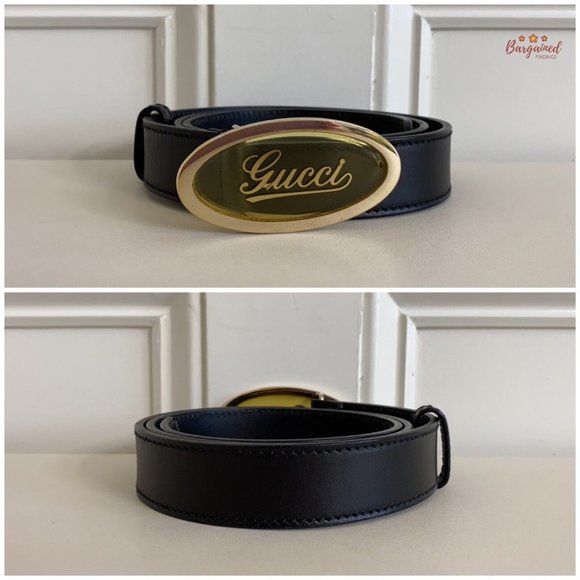 Authentic GUCCI Black Calfskin Leather Gold Script Oval Buckle Belt Size 90/36 main image 13
